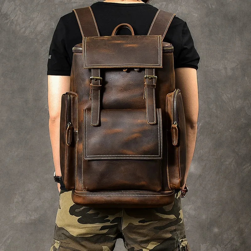 MUNUKI Vintage Crazy Horse Leder Rucksack Herren – Großer Kletter- &amp; Hiking-Rucksack aus echtem Rindsleder (Modell M-814) 