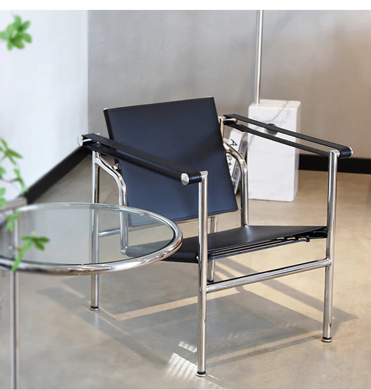 Bauhaus Lounge Armchair im Corbusier-Stil – PU-/Leder-Sessel mit Edelstahlrahmen für modernes Wohnzimmer