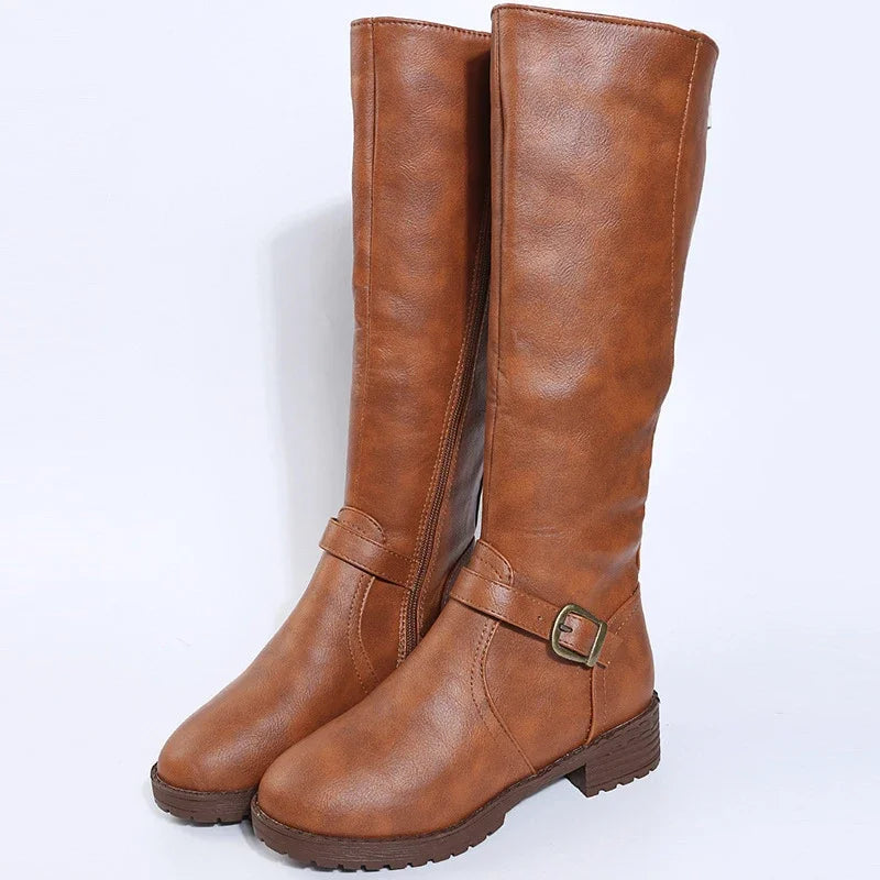 Vintage Damen Kniehohe Stiefel in Braun – Warme PU-Leder Langstiefel mit Reißverschluss, Plateau & Blockabsatz (Große Größen)