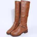 Vintage Damen Kniehohe Stiefel in Braun – Warme PU-Leder Langstiefel mit Reißverschluss, Plateau & Blockabsatz (Große Größen)