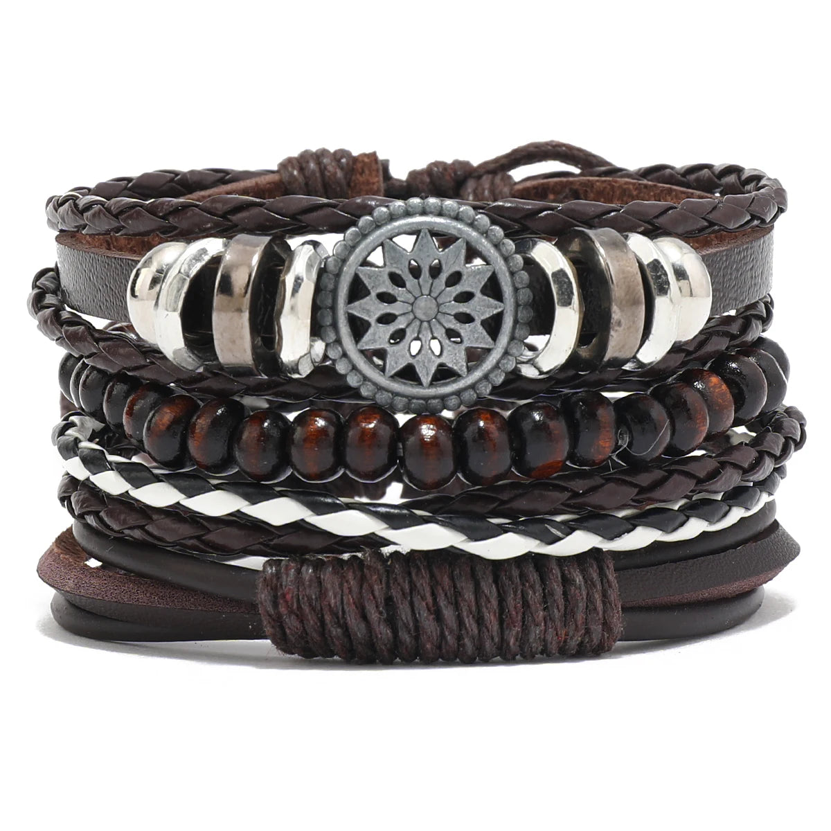 Vintage Lederarmband für Herren – Mehrfach geflochtenes Armband mit braunen Holzperlen, verstellbares Zugband im klassischen Stil