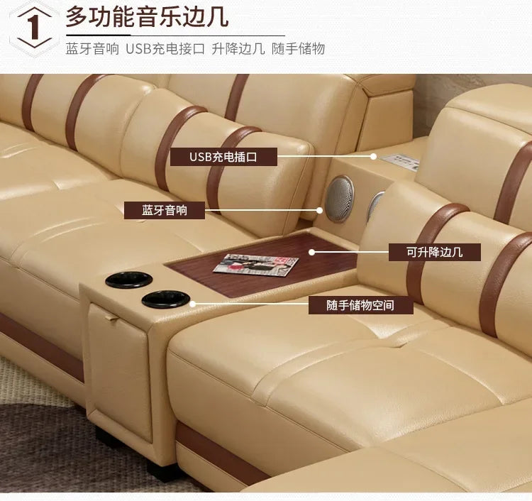 Grand canapé-lit en cuir véritable avec support – Canapé d'angle classique en forme de L, canapé luxueux pour femmes de style 