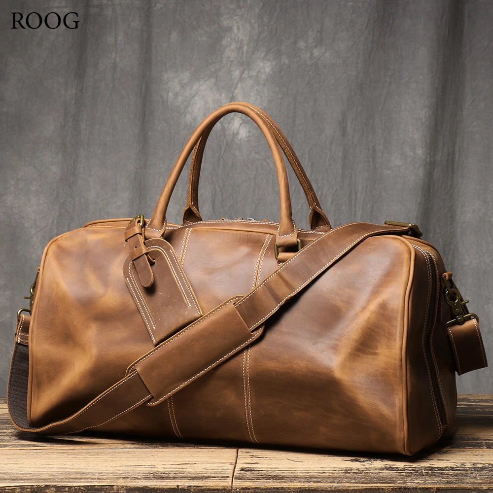 ROOG Premium Vintage Leder Tote Bag – Große Reisetasche aus echtem Rindsleder mit Reißverschluss, vielseitige Herren Duffle & Crossbody Tasche
