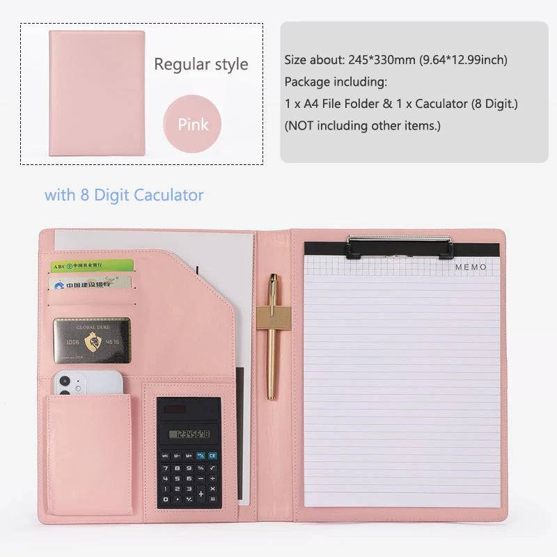 A4 Business Padfolio aus PU-Leder – Dokumentenmappe mit Klemmbrett & optionalem Taschenrechner | Elegante Schreibmappe für Meetings & Büro