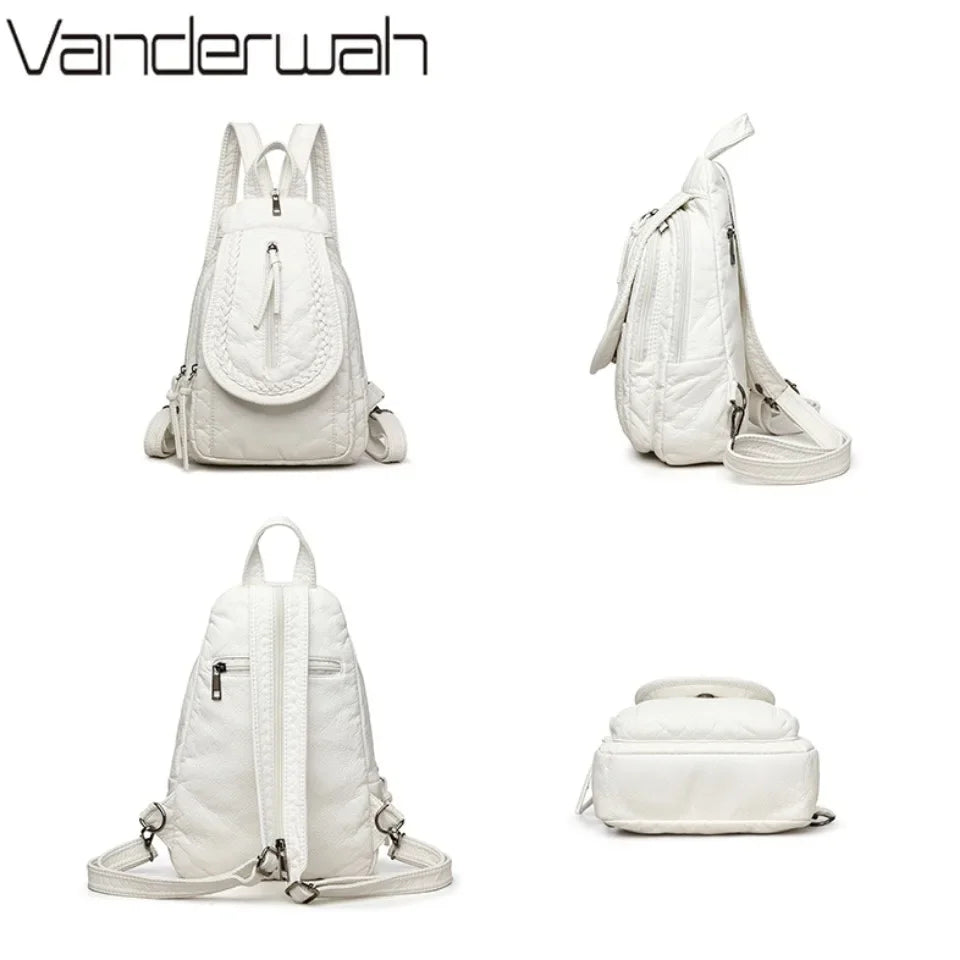 VANDERWAH Damen Rucksack Weiß – Kleiner PU Leder Rucksack mit mehreren Fächern, weich & vielseitig