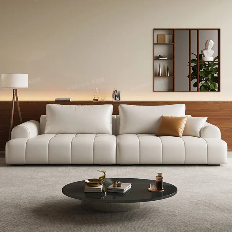 Postmodernes Designer Ledersofa mit eckiger Form – Luxuriöse Couch aus echtem Kalbsleder &amp; Massivholz im italienischen Stil