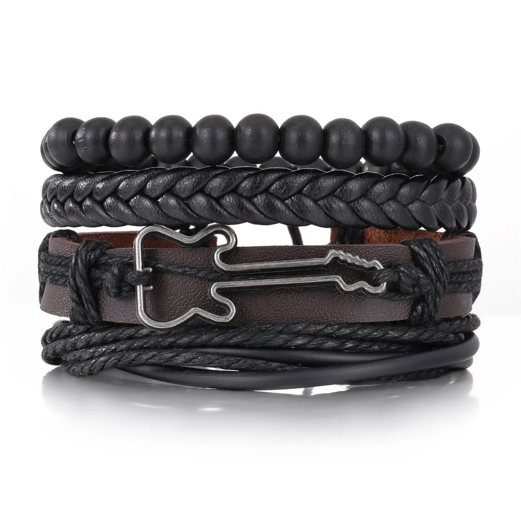 Punk Leder Wickelarmband mit Gitarren- & Unendlichkeits-Symbol – Geflochtenes Vintage Armband mit Holzperlen, Ethno Tribal Wristband für Damen & Herren