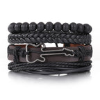 Punk Leder Wickelarmband mit Gitarren- & Unendlichkeits-Symbol – Geflochtenes Vintage Armband mit Holzperlen, Ethno Tribal Wristband für Damen & Herren