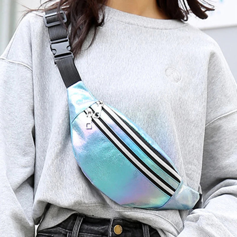 Yogodlns Damen Laser Bauchtasche – Holografische PU-Leder Fanny Pack, Geometrische Chest Bag & Travel Hip Bag