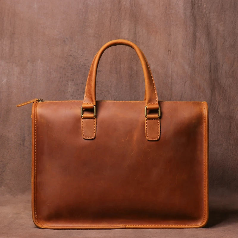LUOKIR Herren Leder-Aktentasche – Maletín vintage de piel de vaca Crazy Horse para portátil de 14"