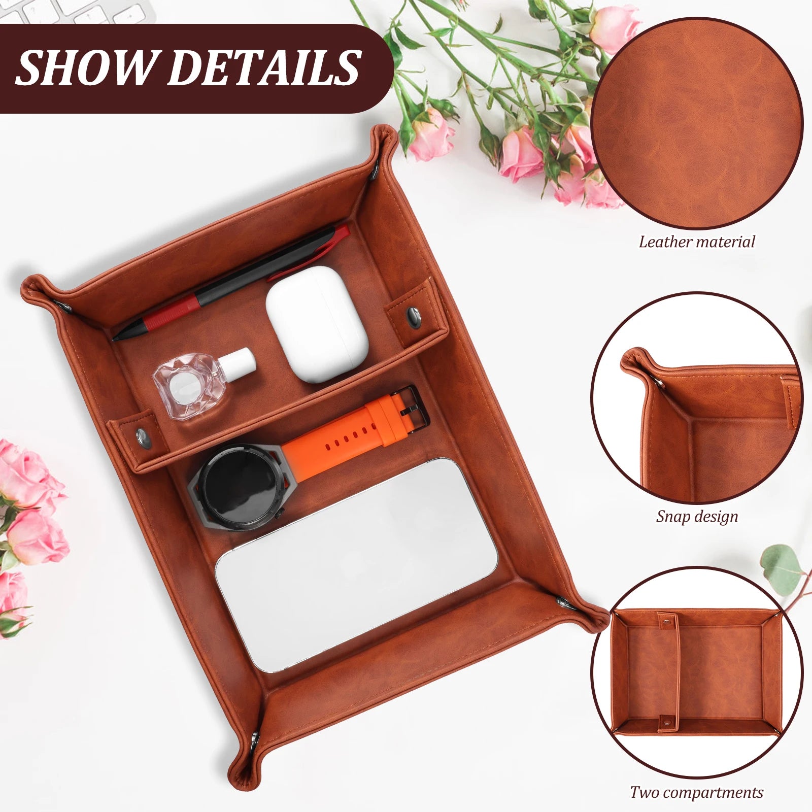 Faltbare PU Leder Ablageschale (Valet Tray) – Eleganter Desktop- & Nachttisch-Organizer für Schlüssel, Handy, Brille & Accessoires