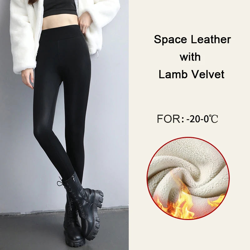 BIVIGAOS Damen Samt PU Leder Leggings – High Waist, warm gefüttert, matte Lederoptik & Slim Fit für Herbst und Winter