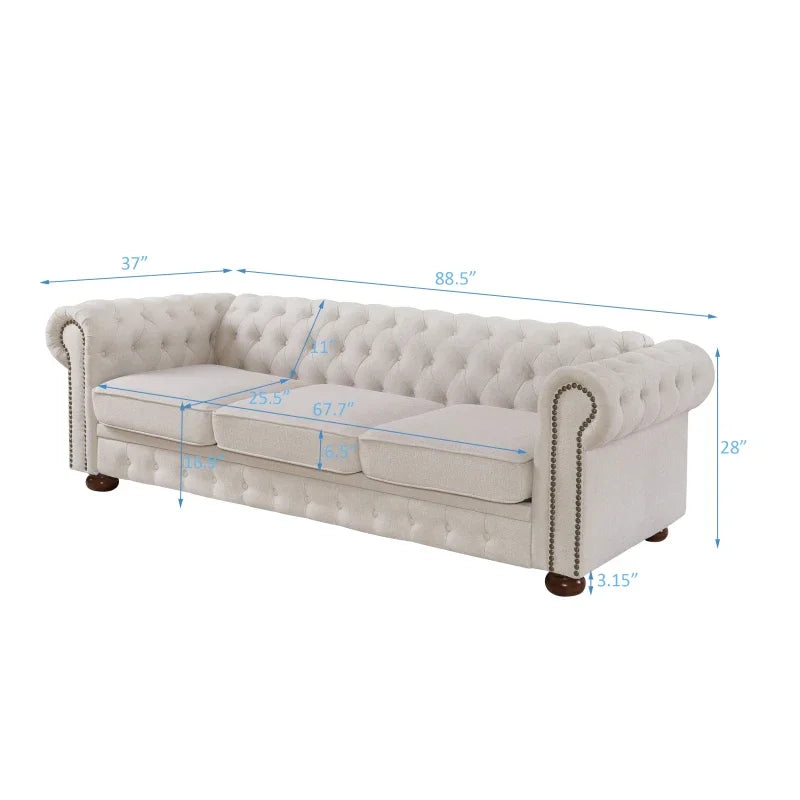 Beiges Chesterfield Sofa aus Leinenstoff – Elegantes 3-Sitzer Wohnzimmer Sofa im modernen Stil