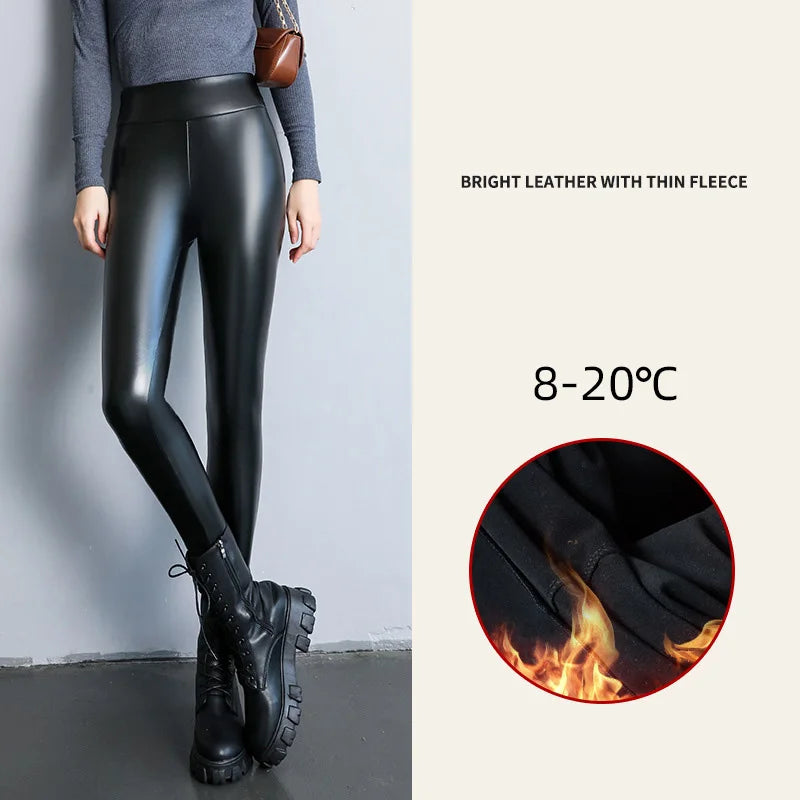 Damen Winter PU Lederleggings High Waist – Thermo Leggings mit Fleece-Futter, Stretch & warmer Passform