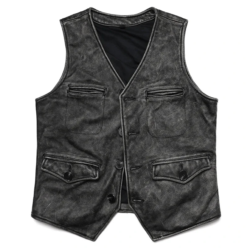 Chaleco vintage de piel auténtica de Gery para hombre, ropa de trabajo de piel de vaca natural, chaqueta ajustada sin mangas estilo safari. 