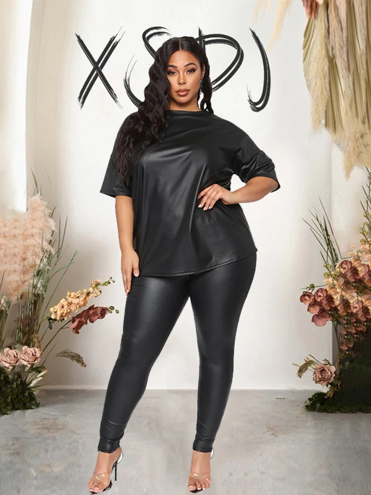 Damen Sommer PU-Leder 2-Teiler Set – Kurzarm Blusen-Top & Stretch Leggings in Schwarz, Plus Size Outfit für Alltag & Freizeit