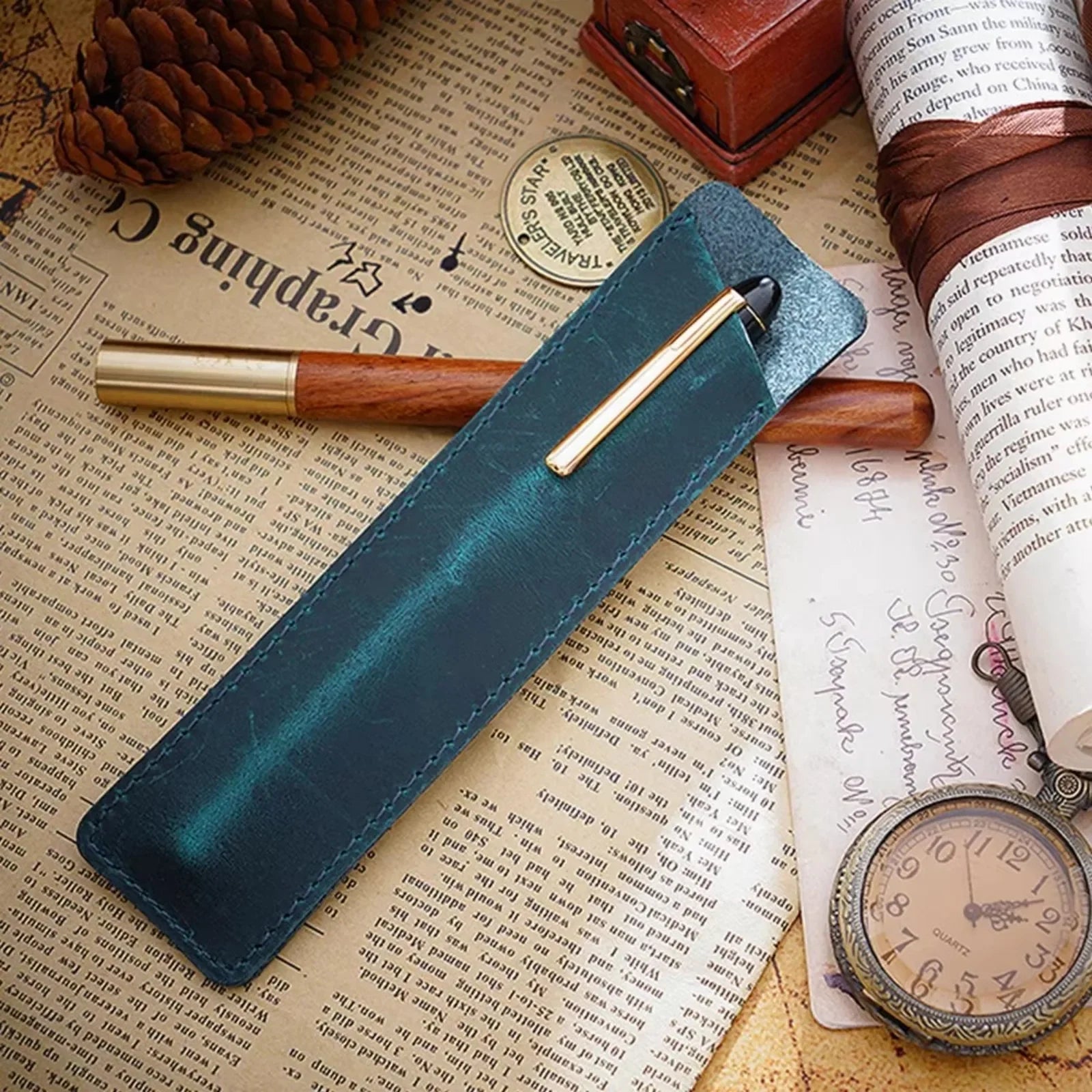 Vintage Leather Stifteetui für Notizbuch &amp; Reise – Schlanke Pen Pouch en cuir véritable pour bureau et école 