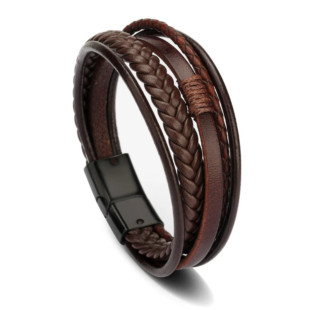 Herren Lederarmband mit Edelstahl & geflochtenem Design – Mehrlagiges Vintage Armband 21 cm für stilbewusste Männer