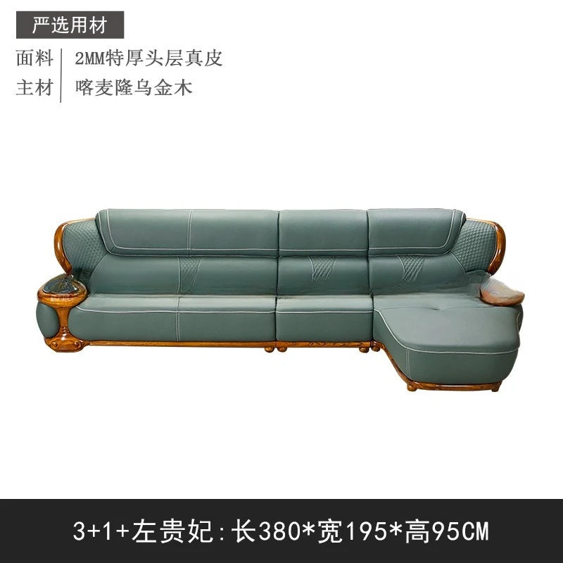 Modernes Luxus Ecksofa aus Echtleder in Schwarz-Gold – Nouveau style chinois Wohnlandschaft mit Massivholzrahmen, Rindsleder Top-Grain