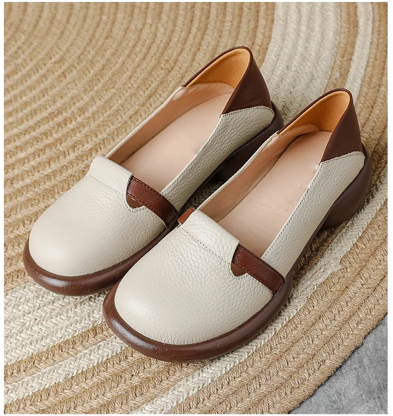 feerldi Damen Leder Flats WB-73K – Handgefertigte Vintage Loafers, Slip-On Moccasins mit runder Zehe für Alltag & Autofahren