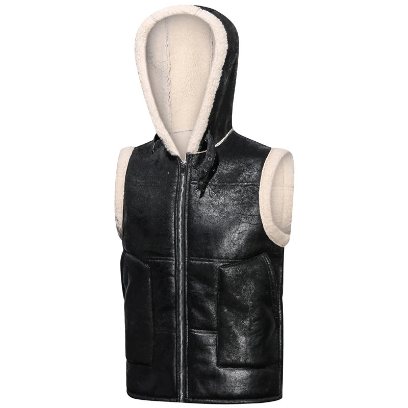 Winter Men's Fleece Warm PU Leather Vests Classical Men Faux Fur Motorcycle Leather Vests Men Windbreaker Hooded Vests Clothing