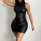 Dames PU Leder Mini Kleid – Ärmelloses Bodycon Sommerkleid en Schwarz, figurbetontes Club &amp; Party Kleid