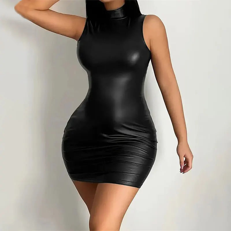 Damen PU Leder Mini Kleid – Ärmelloses Bodycon Sommerkleid in Schwarz, figurbetontes Club & Party Kleid