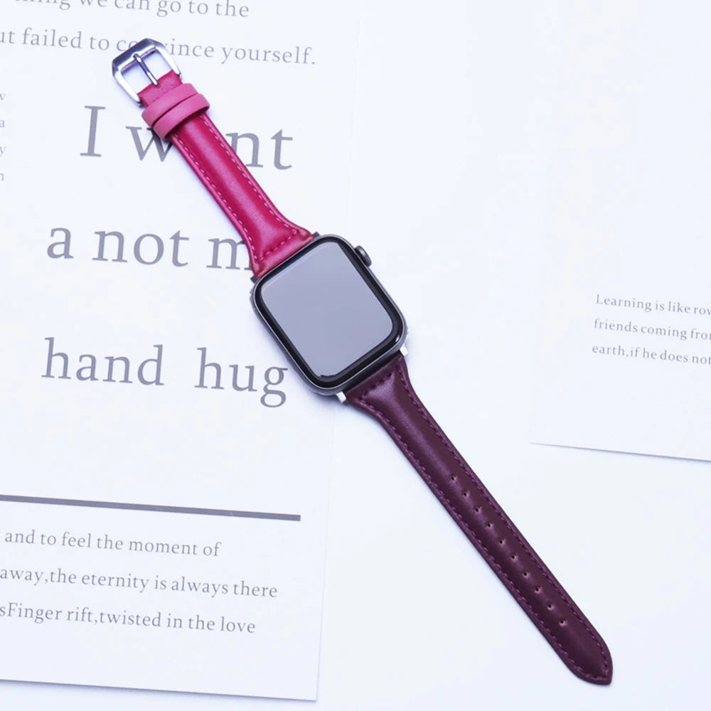 Schmales Lederarmband für Apple Watch – Elegantes Slim Leather Strap für Damen 38–45 mm & Ultra 49 mm mit Metallschließe