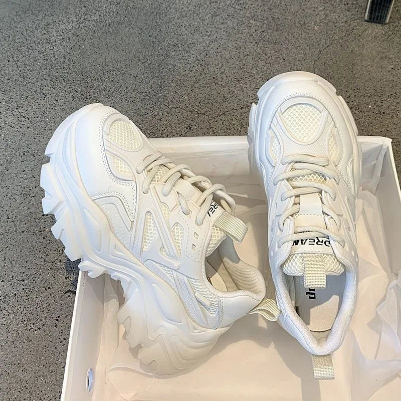 Damen Plateau Sneaker 2024 – Schwarze Chunky Sportschuhe aus PU-Leder & Mesh, Modische Plattform-Sneakers für Sommer & Freizeit