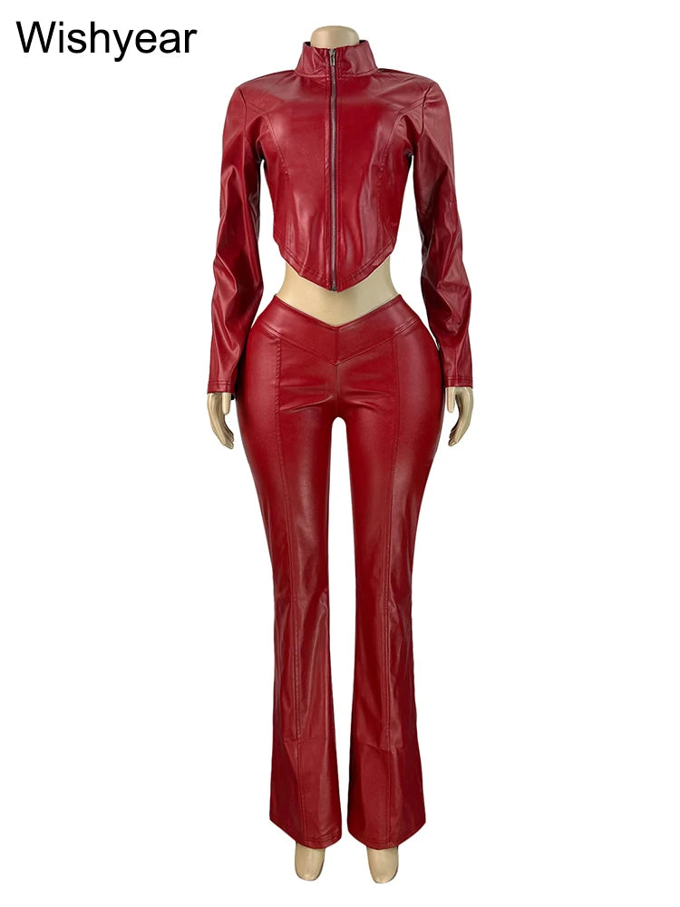 Damen Streetwear PU-Leder Set – Langärmeliges Crop Top mit Reißverschluss & High-Waist Schlaghose im Moto-Biker-Stil