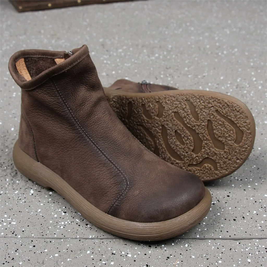 Handgefertigte Damen Stiefeletten aus echtem Leder – Warme Retro Ankle Boots mit Rundspitze &amp; Reißverschluss (Größe 35–45) 