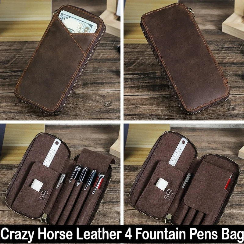 Vintage Crazy Horse Cuir Stifteetui – Handgefertigtes Echtleder Pen Case pour 4 Füllfederhalter | Sac à dos multifonction en cuir avec sac à dos 