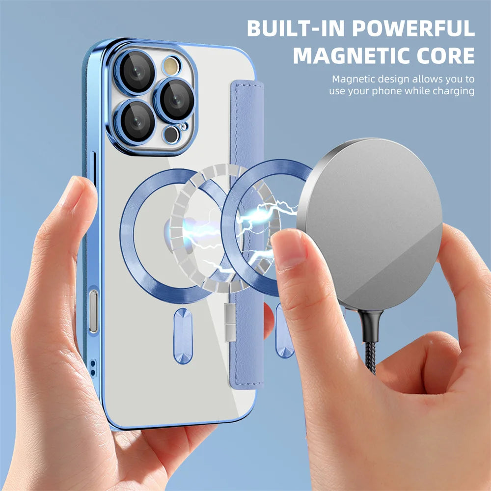 Luxus Transparentes Flip Leder Wallet Case mit MagSafe – Magnetische iPhone Hülle mit Kartenfach & Standfunktion für iPhone 11 bis 17 Pro Max