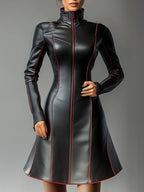 PU-Leder Mini Kleid für Damen – Elegantes A-Linien Kleid mit hohem Kragen, Reißverschluss & Kontrastdetails, langärmeliges Streetwear-Kleid