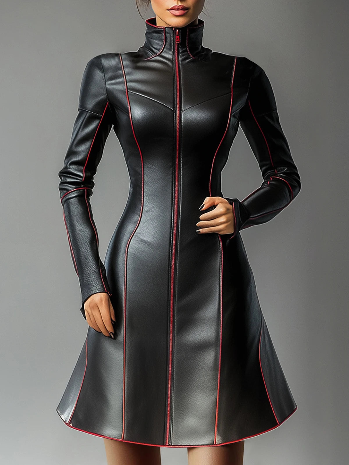 PU-Leder Mini Kleid für Damen – Elegantes A-Linien Kleid mit hohem Kragen, Reißverschluss & Kontrastdetails, langärmeliges Streetwear-Kleid