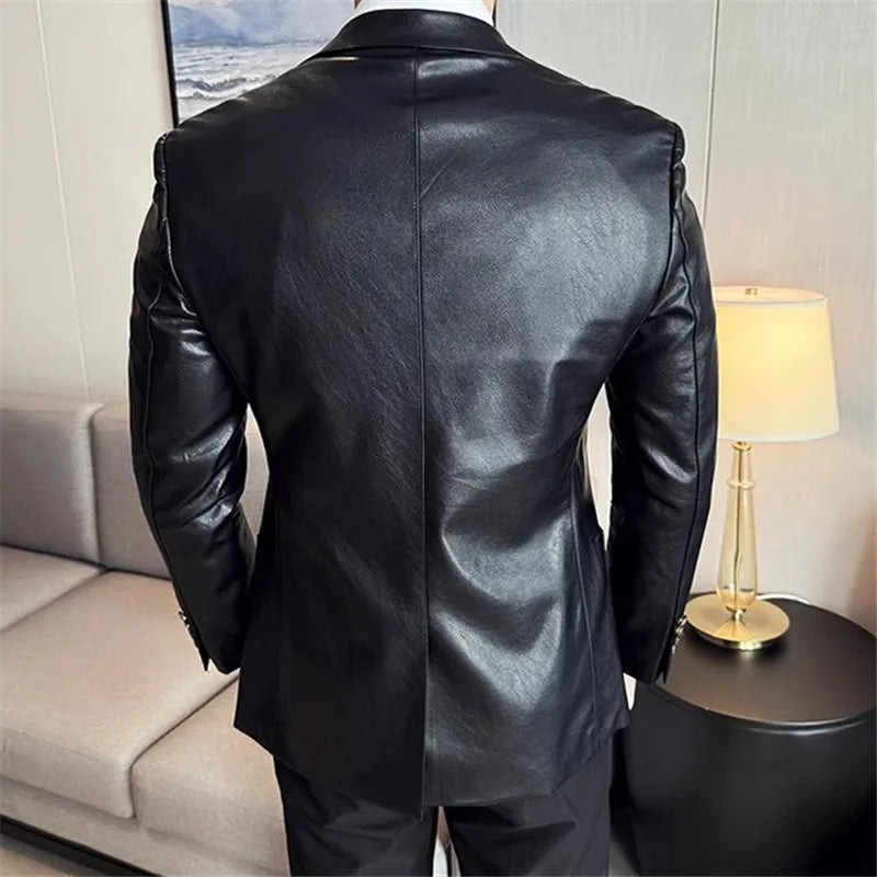 Herren PU Lederjacke Slim Fit – Eleganter Lederblazer mit Reverskragen für Business & Smart Casual