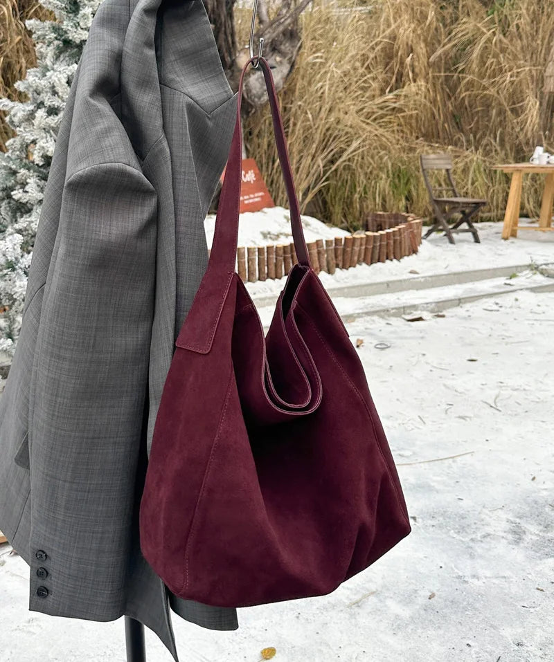 famicare 2025 Damen Frosted Leather Tote Bag – Große Suede Bucket Handbag, Minimalistische Underarm Hobo Schultertasche