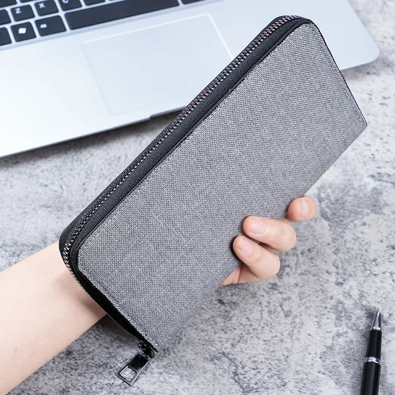 Herren Langbörse mit Reißverschluss – Große Business Clutch Wallet aus Canvas mit Multi-Kartenfächern
