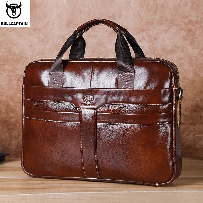 BULLCAPTAIN Herren Leder-Laptoptasche – Top-Layer Rindsleder Business Aktentasche für 15" Laptop