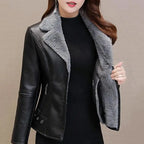 Damen Faux Lederjacke mit Plüschkragen – Slim Fit Kurzjacke aus PU Leder, chaqueta de invierno cálida en estilo casual 