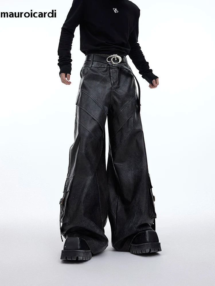 Herren PU Lederhose Wide Leg 2024 – Extra lange, locker geschnittene Vintage Kunstlederhose im Distressed Look für Frühling & Herbst