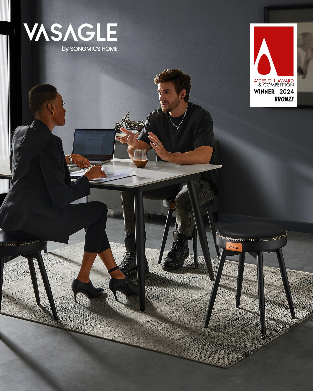 VASAGLE Esszimmerstuhl EKHO Serie – Sitzhocker aus Kunstleder, 48,2 cm Sitzhöhe, Ink Black, modern & platzsparend