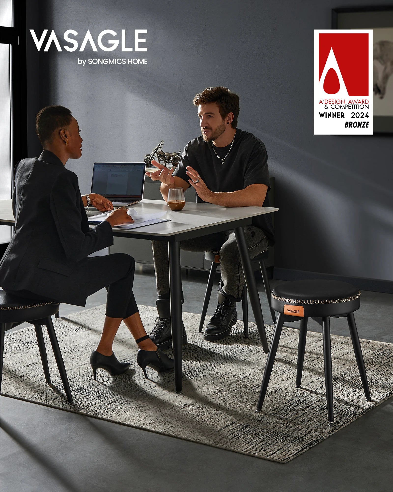 VASAGLE Esszimmerstuhl EKHO Serie – Sitzhocker aus Kunstleder, 48,2 cm Sitzhöhe, Ink Black, modern & platzsparend