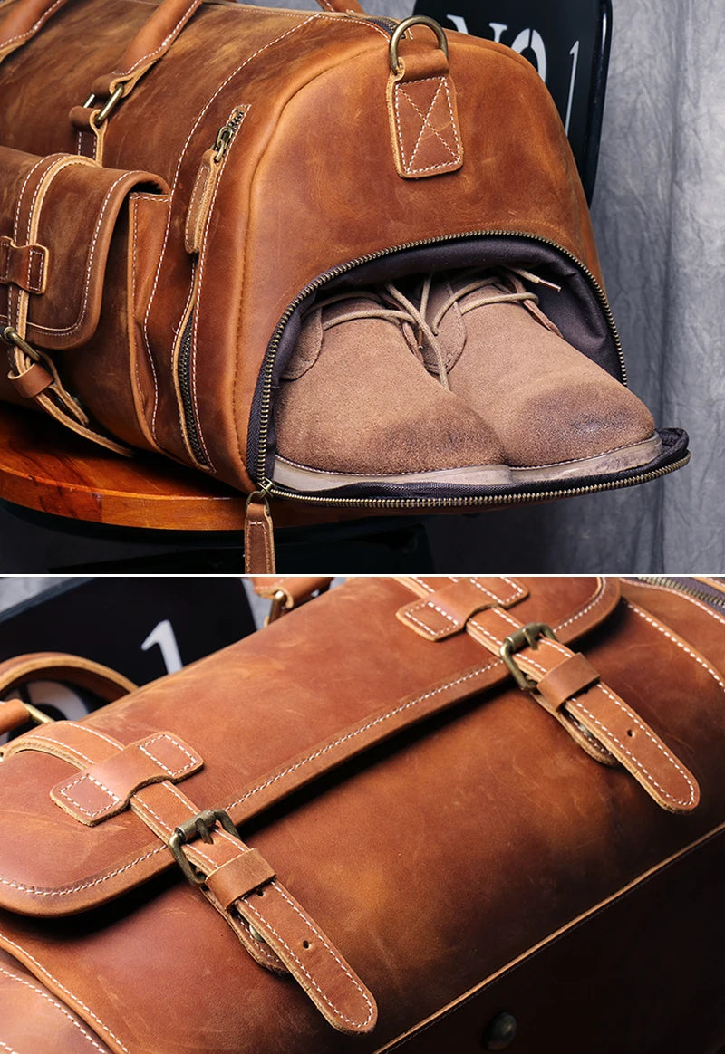 MUNUKI Vintage Crazy Horse Leder Reisetasche - Große Herren Duffle Bag aus echtem Rindsleder, robuste Weekend- &amp; Travel Tote Bag 