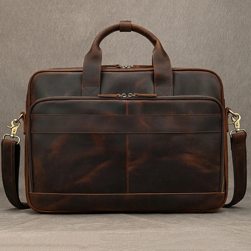 Luufan Herren Leder-Aktentasche - Maletín de cuero Vintage Crazy Horse para portátil de 15,6", bolso bandolera grande para negocios