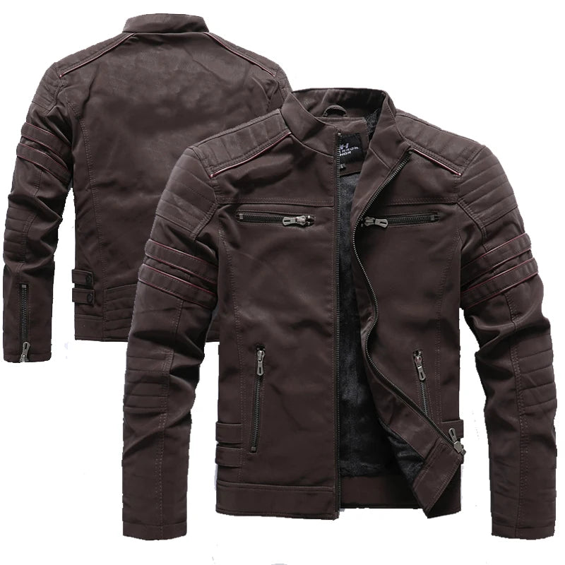 Herren Motorrad PU-Lederjacke mit Fleece-Futter – Vintage Biker Jacke mit Stehkragen &amp; Multi-Taschen pour Herbst &amp; Winter 2025