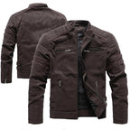 Herren Motorrad PU-Lederjacke mit Fleece-Futter – Vintage Biker Jacke mit Stehkragen &amp; Multi-Taschen pour Herbst &amp; Winter 2025