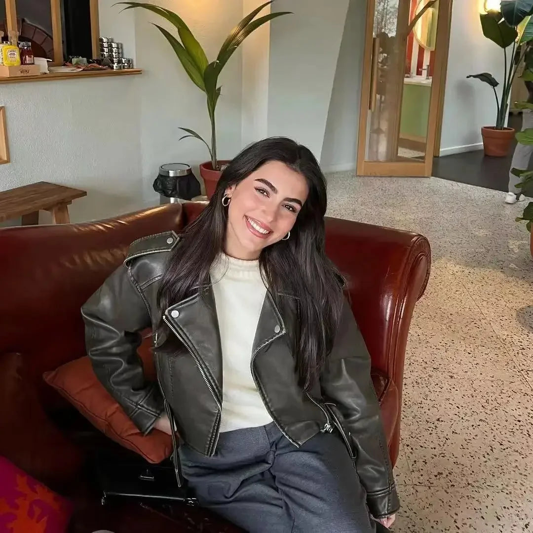 Damen Oversized Vintage PU Lederjacke – Kurze Biker Kunstlederjacke mit Gürtel & Reißverschluss, lässige Streetwear Moto Jacke