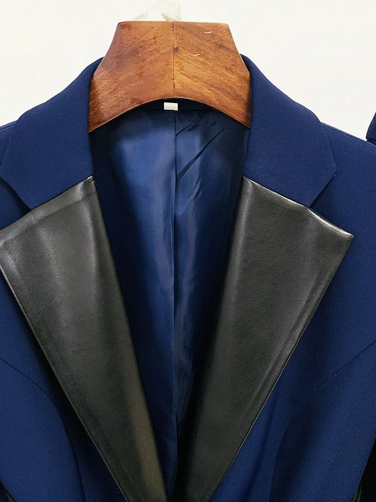 HIGH STREET Designer Damen Lederanzug 2024 – Langer Blazer mit Lederkragen & Gürtel, High Waist Pencil Hose, elegantes 2-teiliges Set