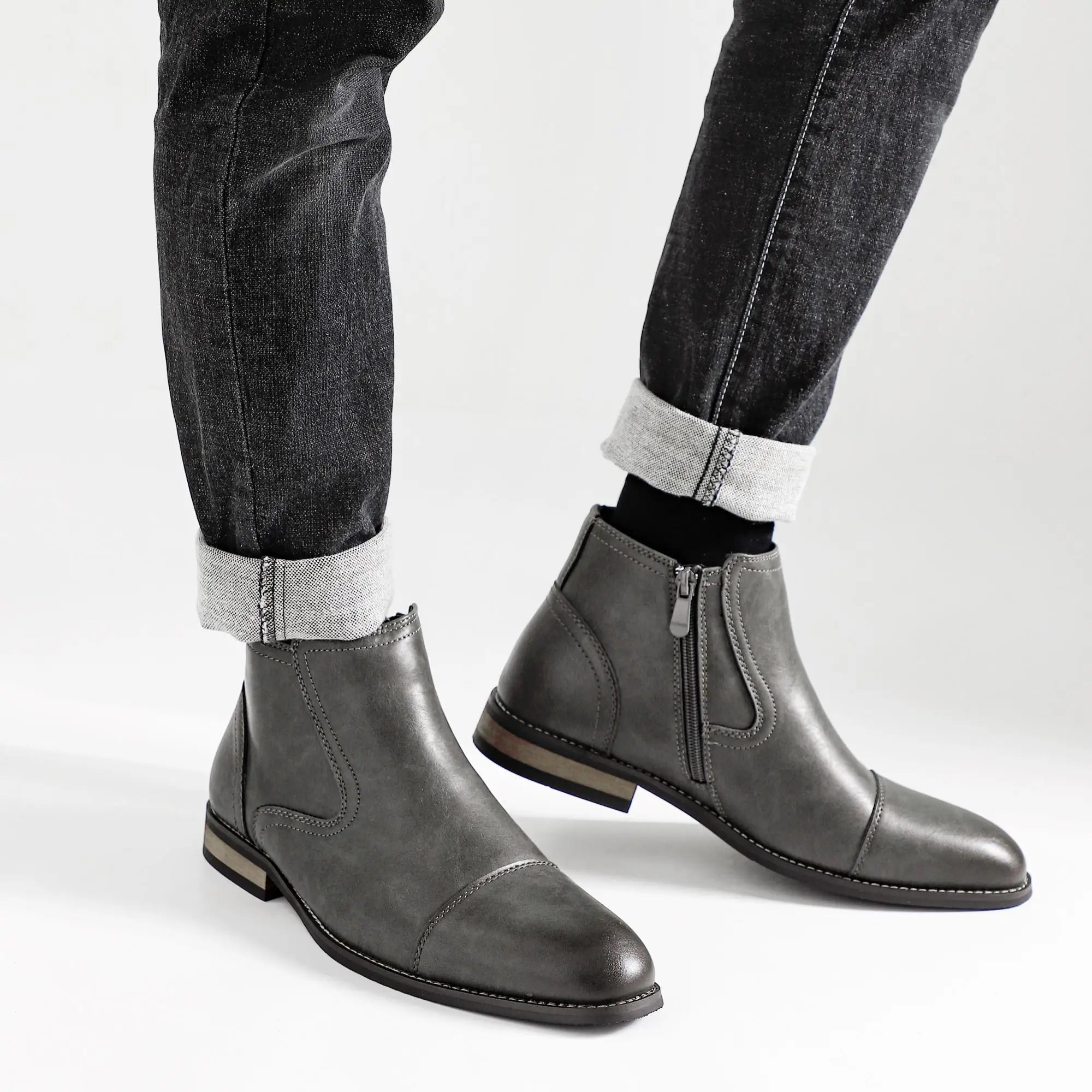 hecrafted Herren Leder Ankle Boots 2025 – Komfortable Retro Schuhe für Frühling & Herbst, Reißverschluss, Schwarz